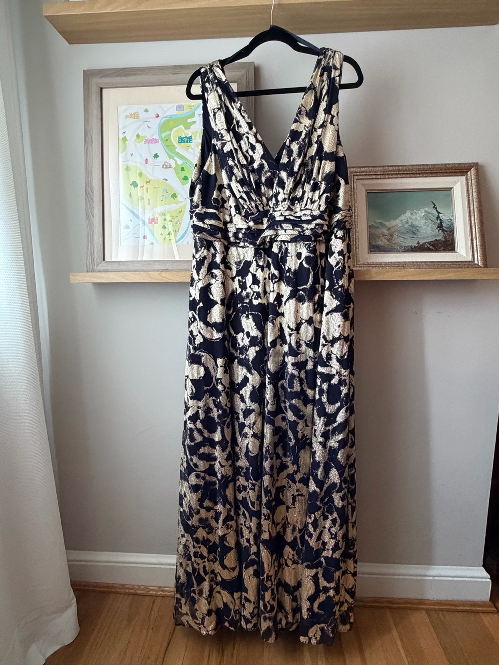 Betsy & Adam Black and Gold Floral V-Neck Maxi Dress